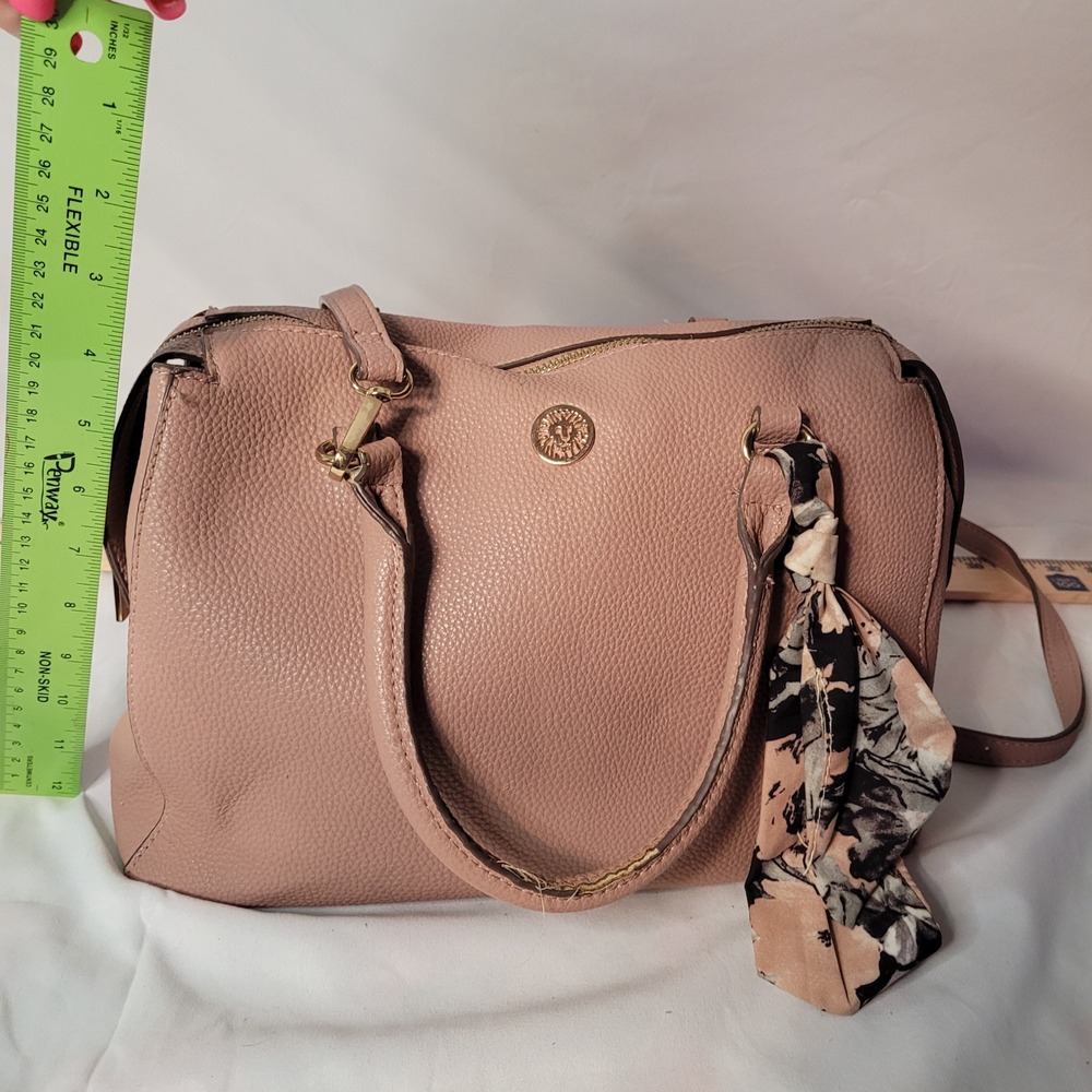 Anne Klein Rose Pink Pebbled Satchel Crossbody Bag with Floral Scarf Accent